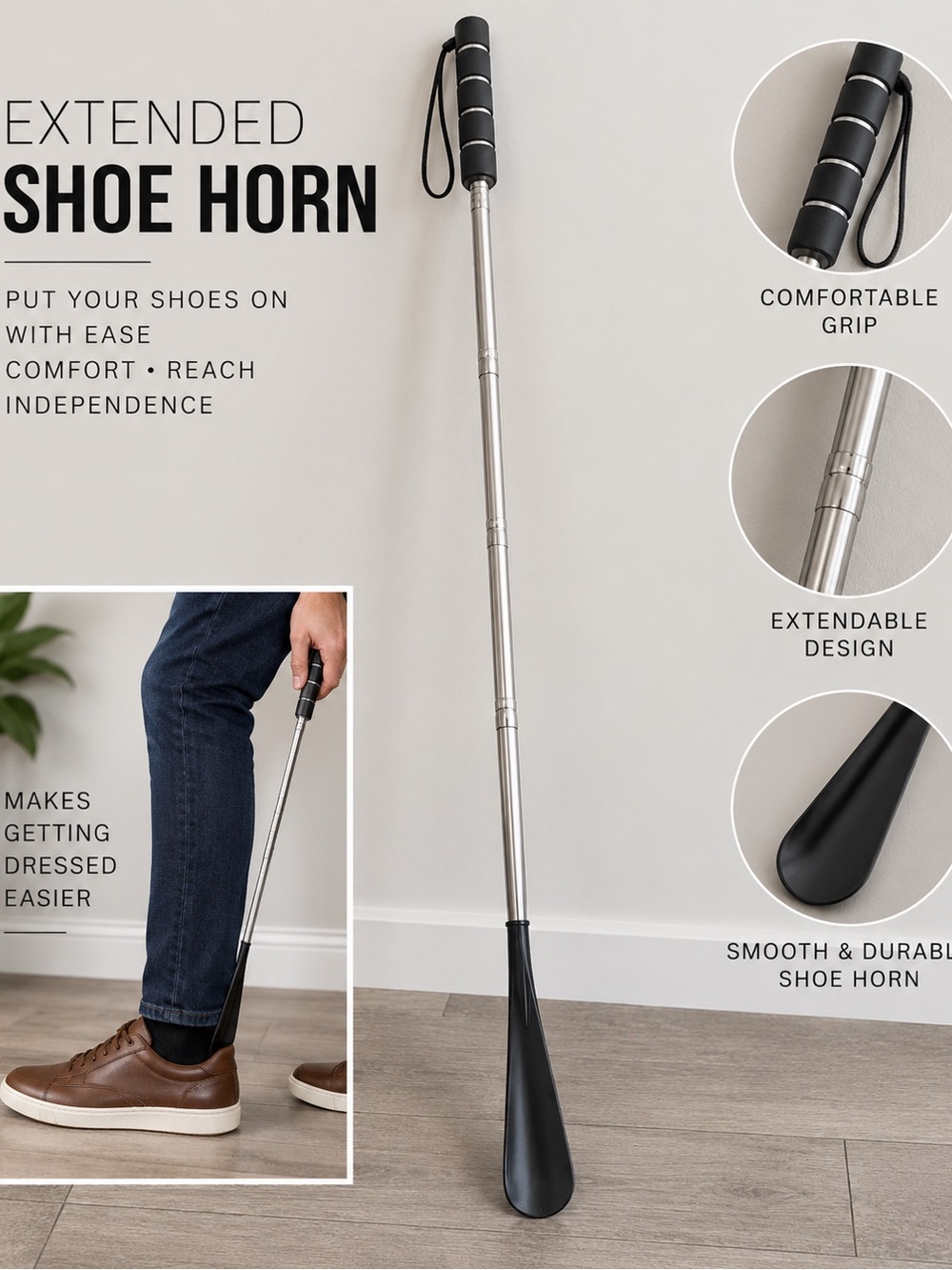 Extended Reach Shoe Horn for Men – Black